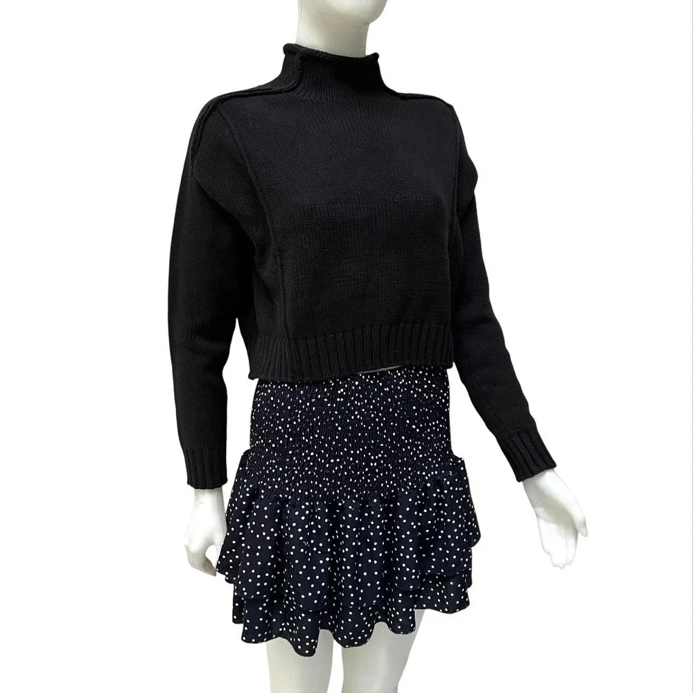 Black‎ Cropped Mock Neck Exposed Seam Knit Sweater Women Small Grunge Goth Y2K